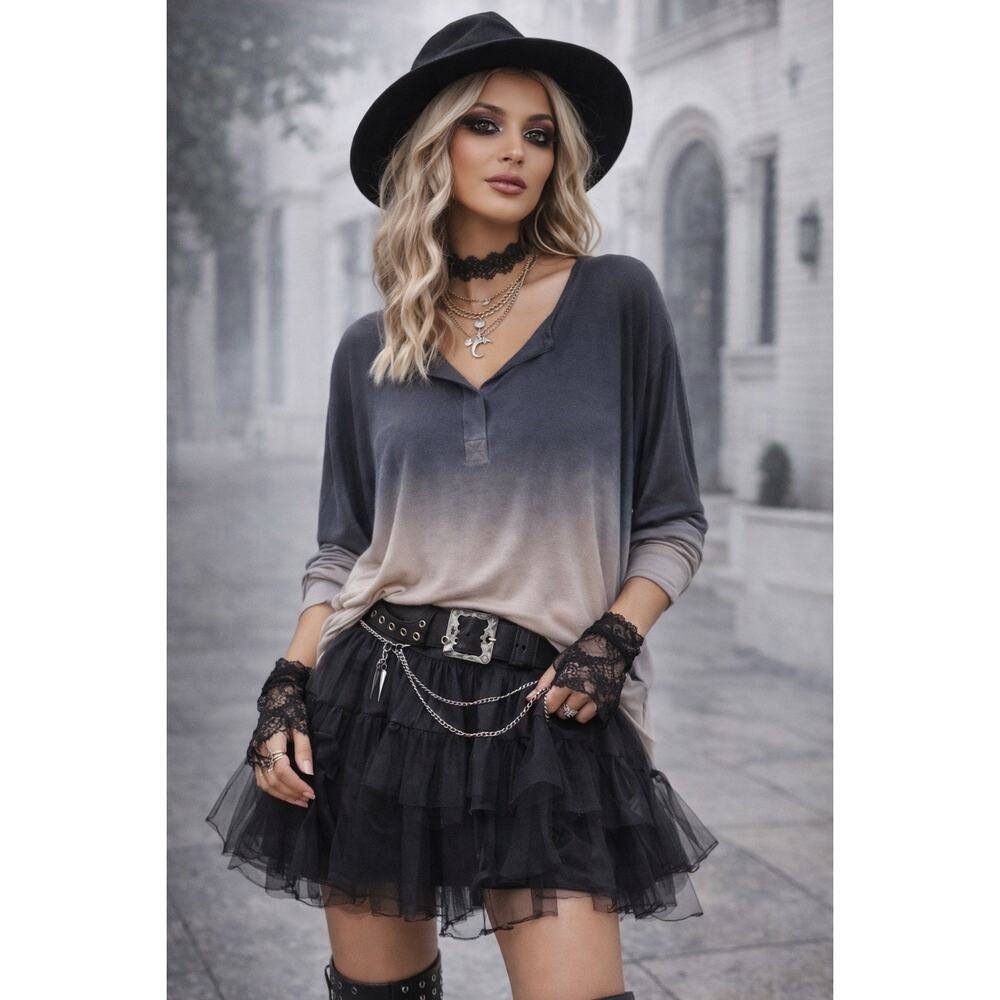 Young Fabulous & Broke Tina Ombre Top XS Boho Goth Long Sleeve Dip Dye Rayon